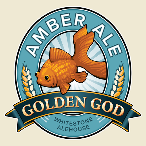 Label illustration for beer, showing a goldfish and wheat sheaves.