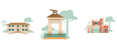 Three images: Old Government House; the Boer War Memorial; a Tudor-style gatehouse