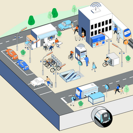 Different modes of transport and services available in a city centre