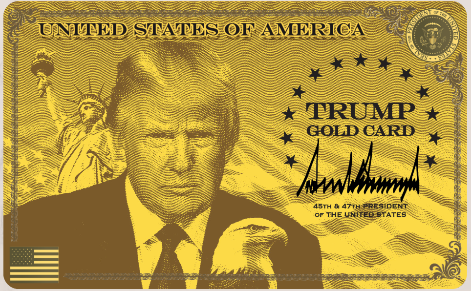 特朗普金卡，黄色背景图，左有自由女神像，右上有“TRUMP GOLD CARD”文字和签名，下方是老鹰图案。背景有美国国旗图案。