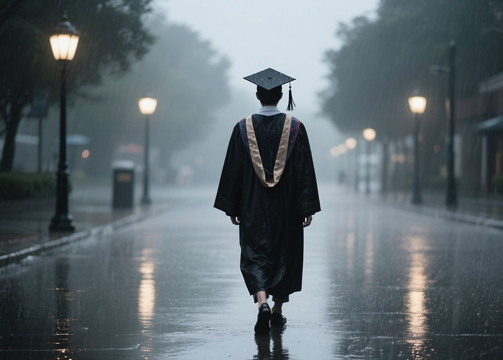 雨中,留学生穿着学位服迈步在空荡的街道上,路灯昏黄。
