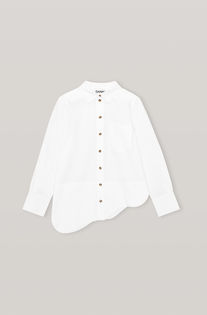 GANNI: Organic cotton asymmetrical wavy shirt. This piece is made of 100% certified, which has proven a lower environmental impact than conventional cotton, as it reduces water usage, greenhouse gas emissions, and the amount of chemicals used.