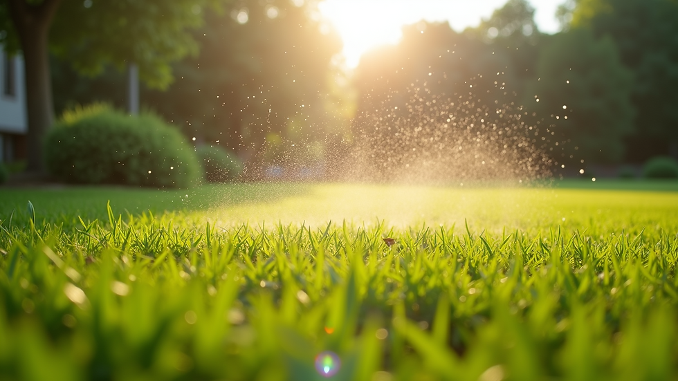 Eye-level view of a well-watered lawn under summer sun