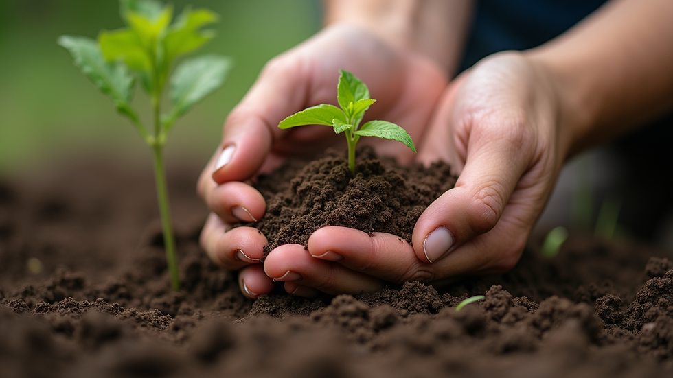 Close-up view of hands planting seeds in rich soil
