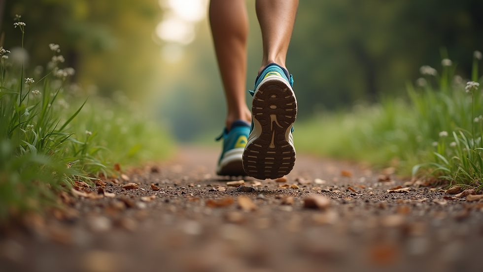 Eye-level view of a runner's feet on a trail path