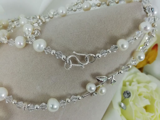 Handmade Freshwater pearls with swarovski crystals and sterling silver necklace