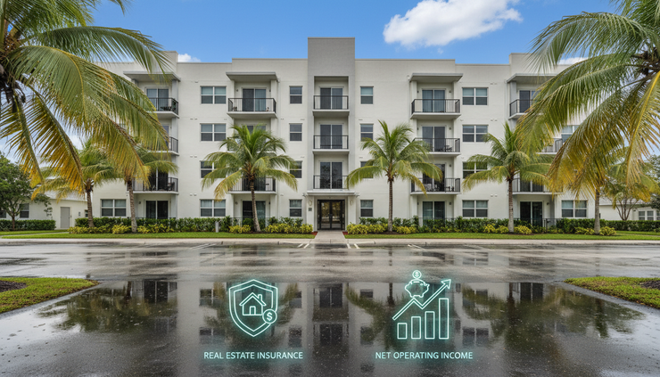 Wide-angle view of a South Florida apartment building near palm trees after a storm has passed