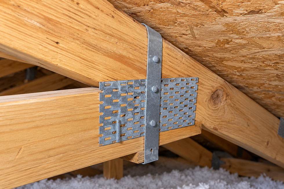 Eye-level view of a residential roof with hurricane straps and clean roof lines