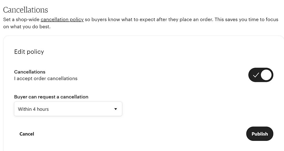 Etsy policy settings - cancelation policy edit