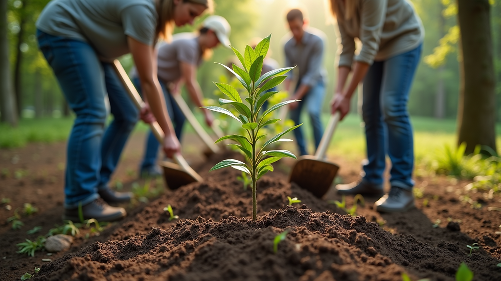 High angle view of a group of people planting trees together outdoors