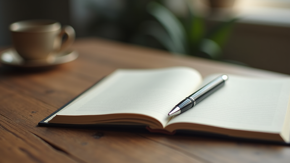Eye-level view of a journal and pen on a wooden table
