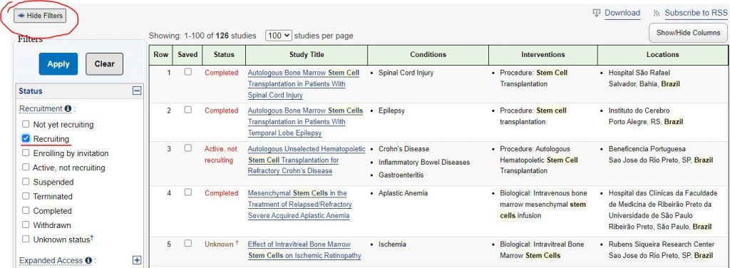 pesquisas recrutando pacientescom células-tronco no brasil