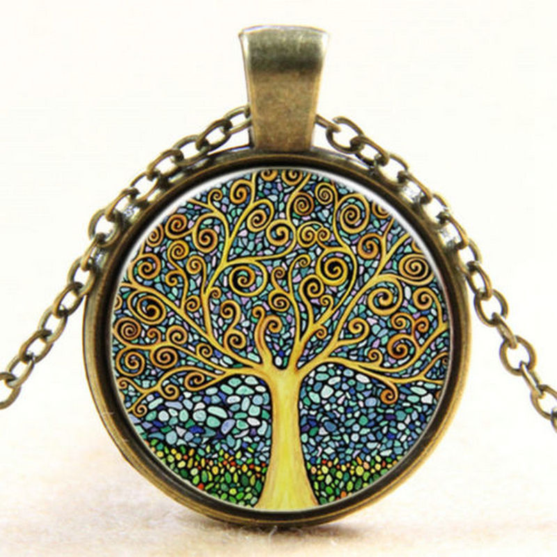 Thumbnail: Vintage Retro Living Tree of Life Cabochon Bronze Glass Chain Pendant Necklace