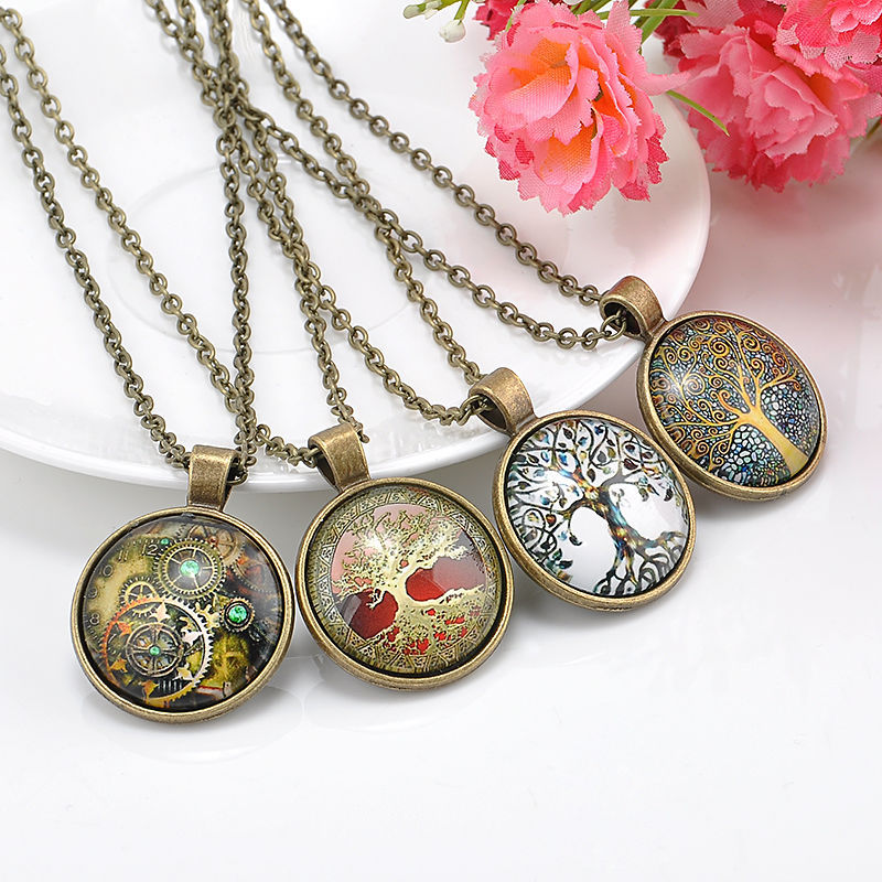 Thumbnail: Vintage Retro Living Tree of Life Cabochon Bronze Glass Chain Pendant Necklace