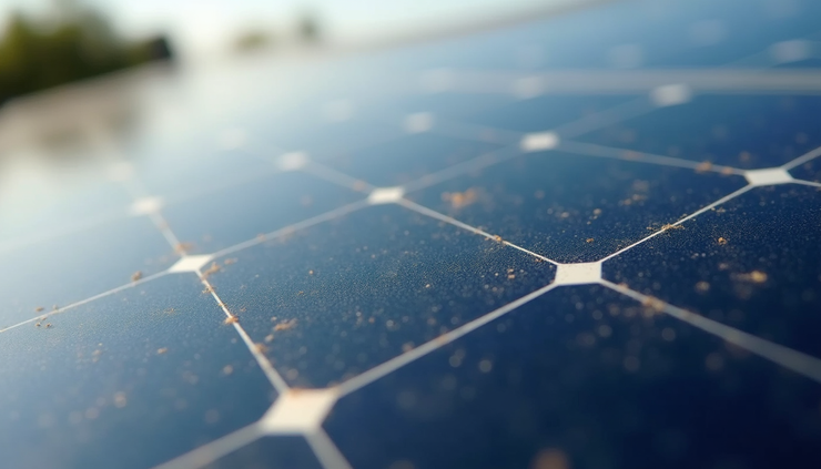Close-up view of solar panel surface with light dirt and dust