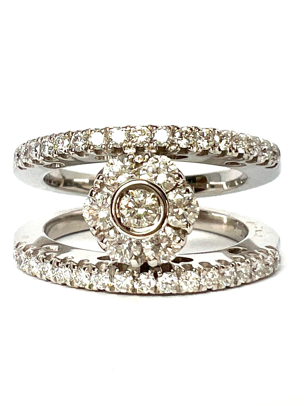 Second hand engagement ring or wedding band with diamonds in white gold front view