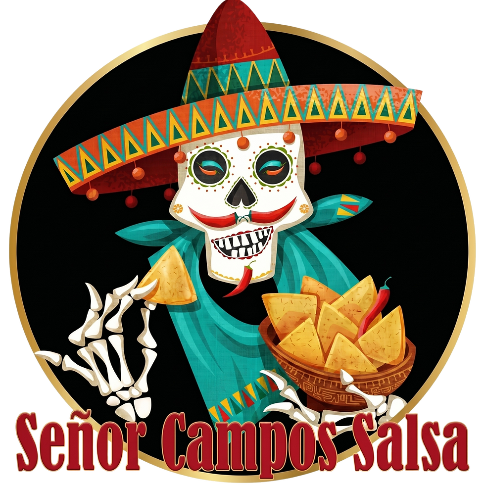 Señor Campos Salsa logo with skeleton in sombrero and chips