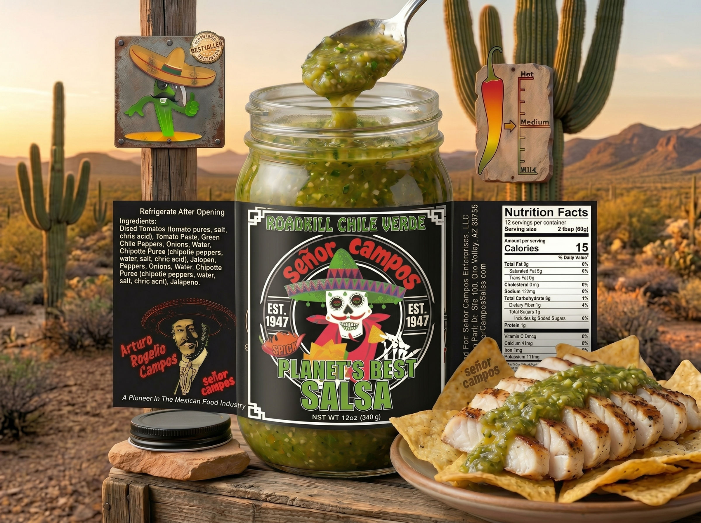 Green Chili Cactus Salsa jar in a desert setting.