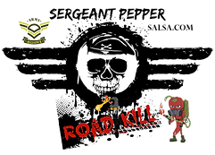 Sergeant Pepper skull logo, "PREMIUM HOT SAUCE ROAD KILL" branding.