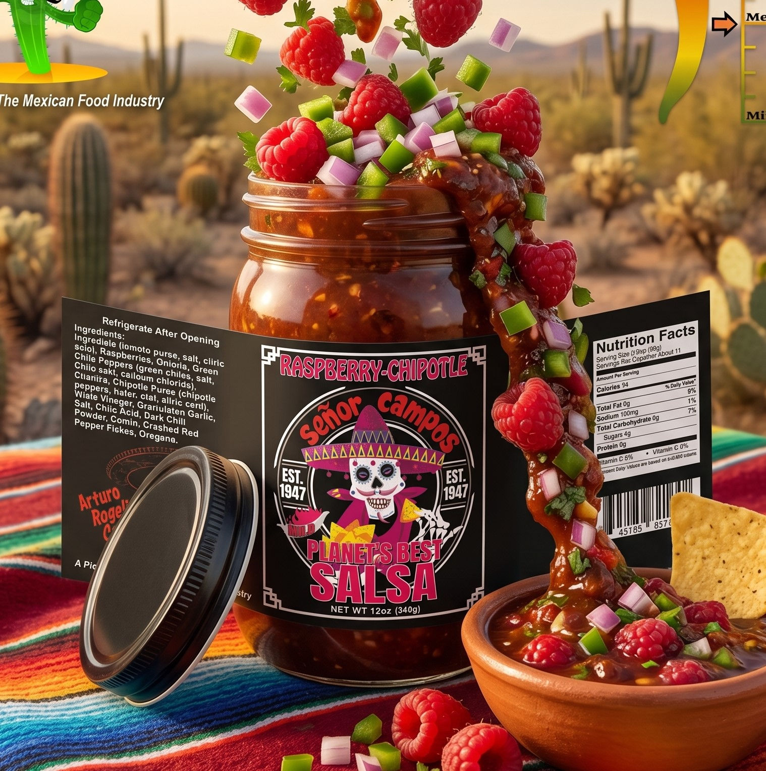 Chipotle-Raspberry salsa jar with fresh ingredients in desert.