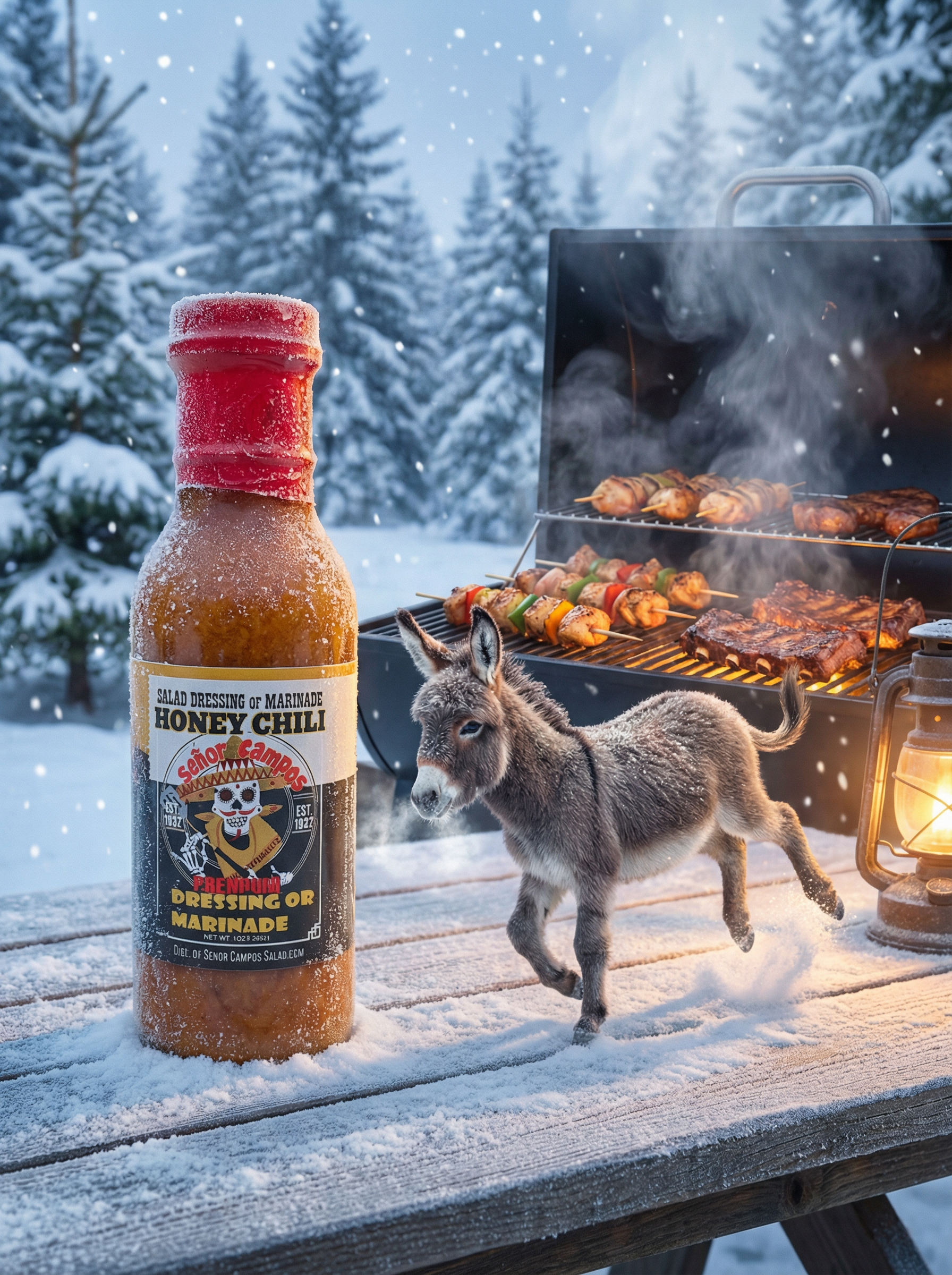 Honey Chili Salad Dressing and Marinade bottle near grill with donkey and text
