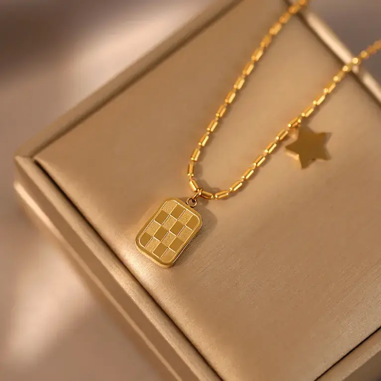 Trendy Gold Checkerboard & Star Pendant Necklace | Anti-Tarnish Minimal Jewelry