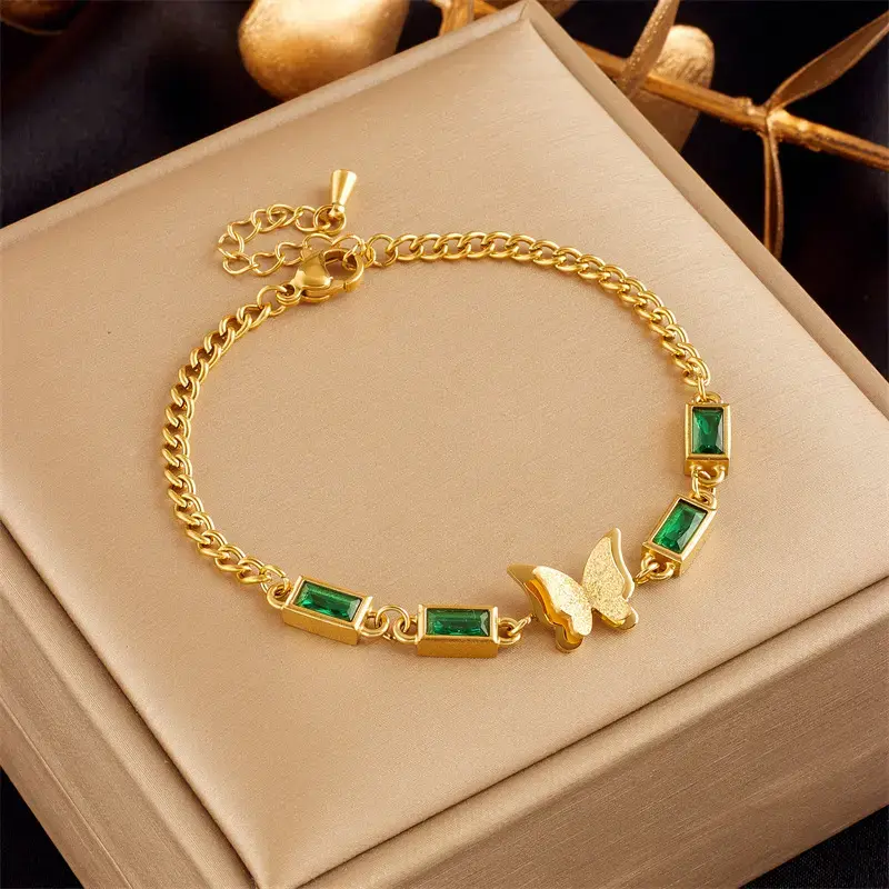 Thumbnail: Gold Butterfly Bracelet with Green Gemstones – Elegant Anti-Tarnish Chain