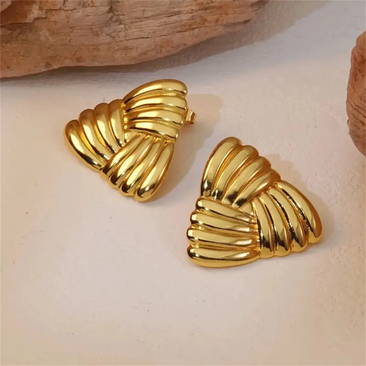 Anti Tarnish Gold Plated Textured Triangle Statement Earrings with Bold Design