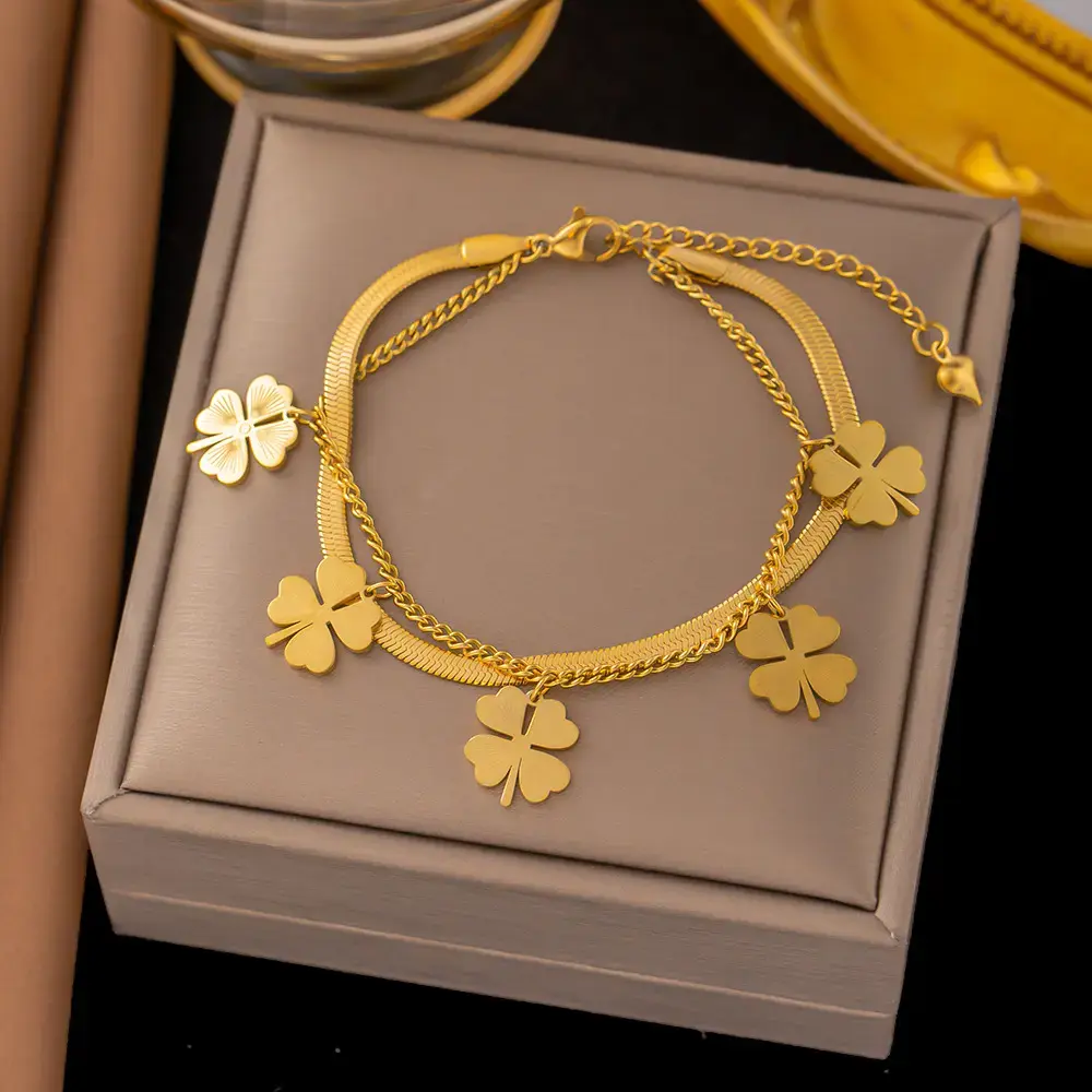 Gold Four Leaf Clover Charm Bracelet – Lucky Anti-Tarnish Layered Chain Jewelry