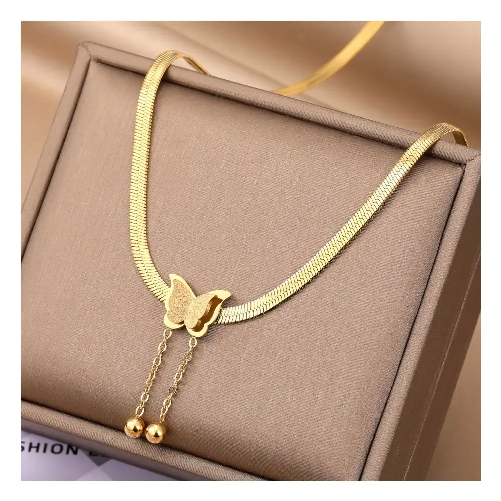 Gold-Plated Butterfly Pendant – Anti-Tarnish Herringbone Chain for women