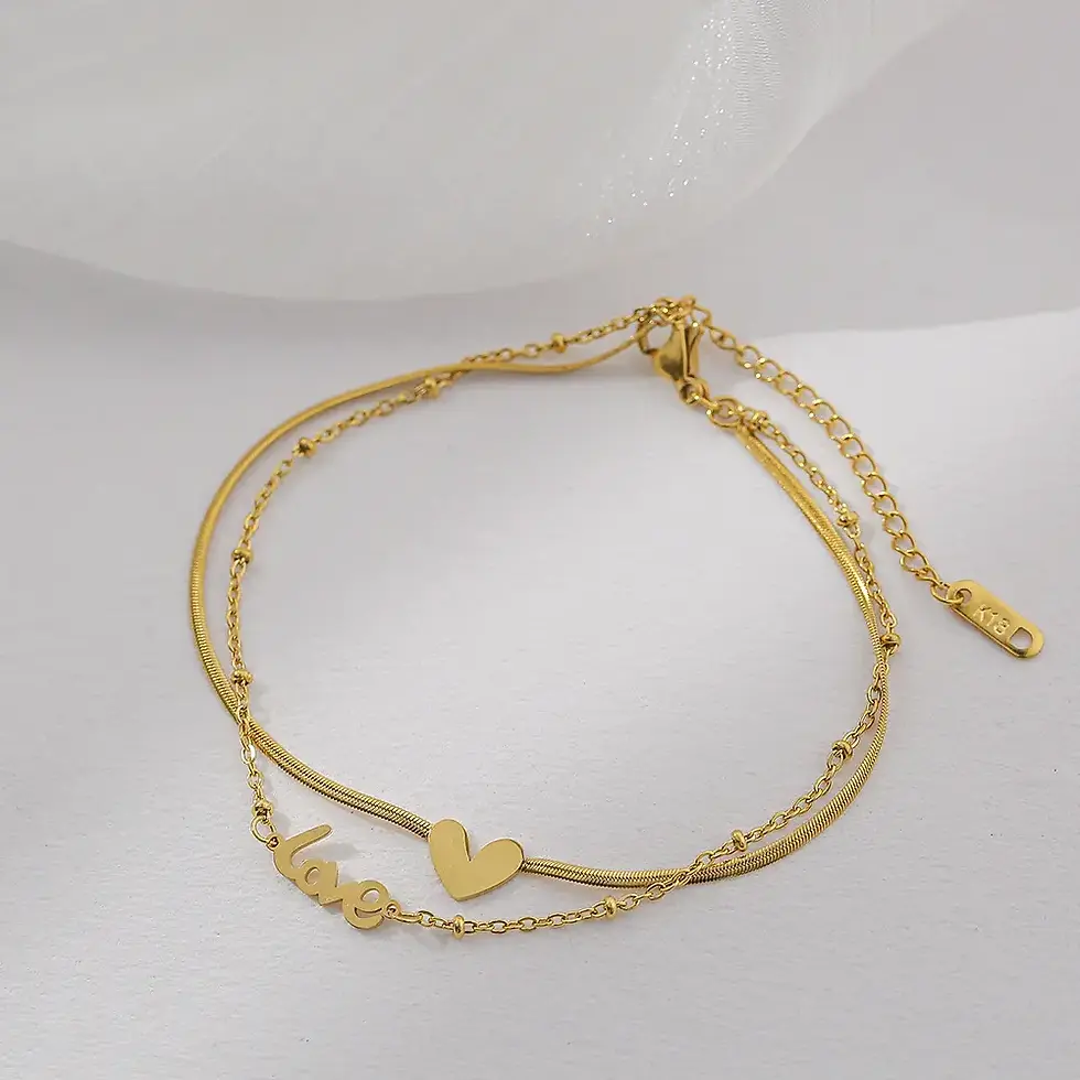 Thumbnail: Double Layer Gold Snake Chain Bracelet with "Love" & Heart Charm – Anti-Tarnish