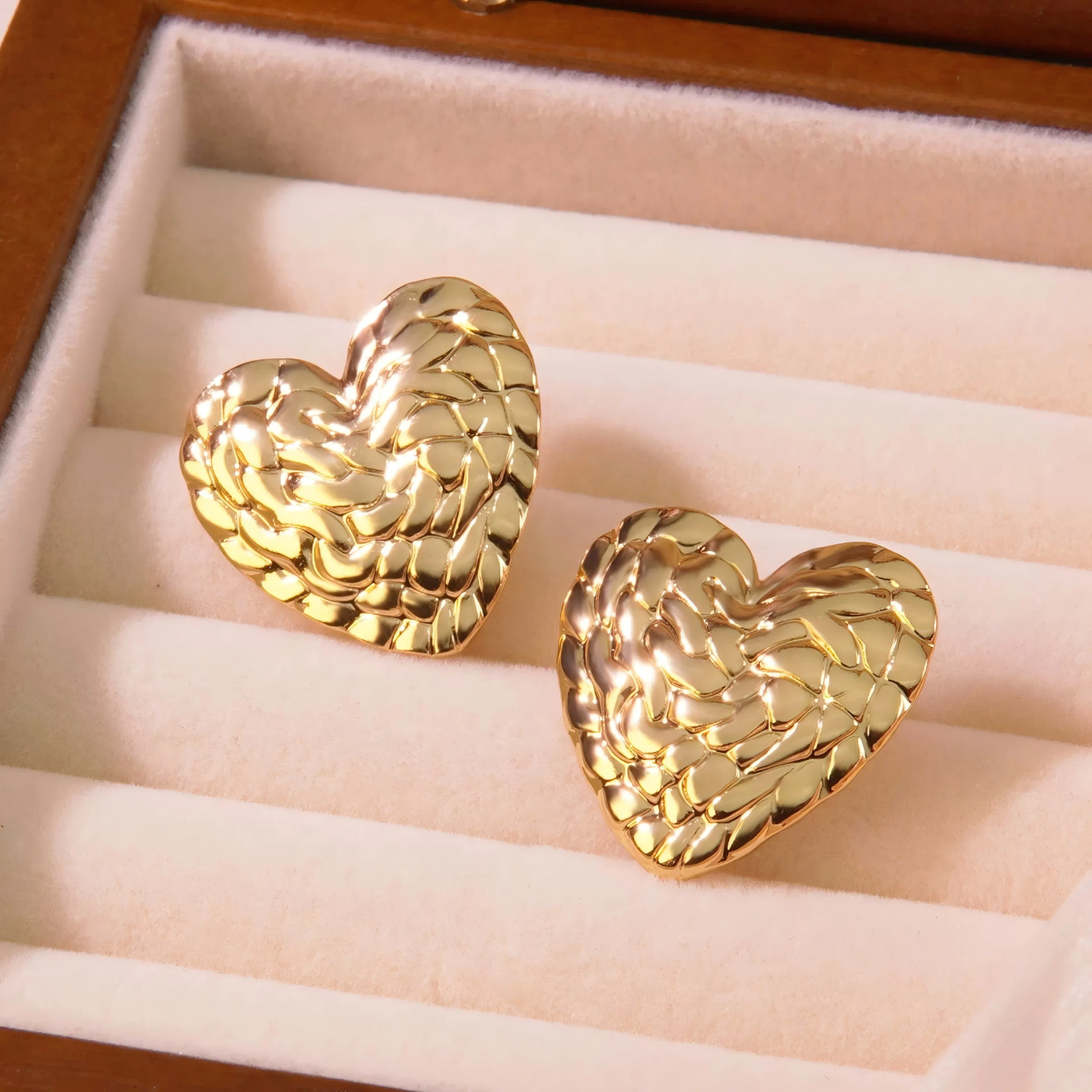 Textured Heart Shape Gold Plated Anti Tarnish Earrings for Women Stainless Steel