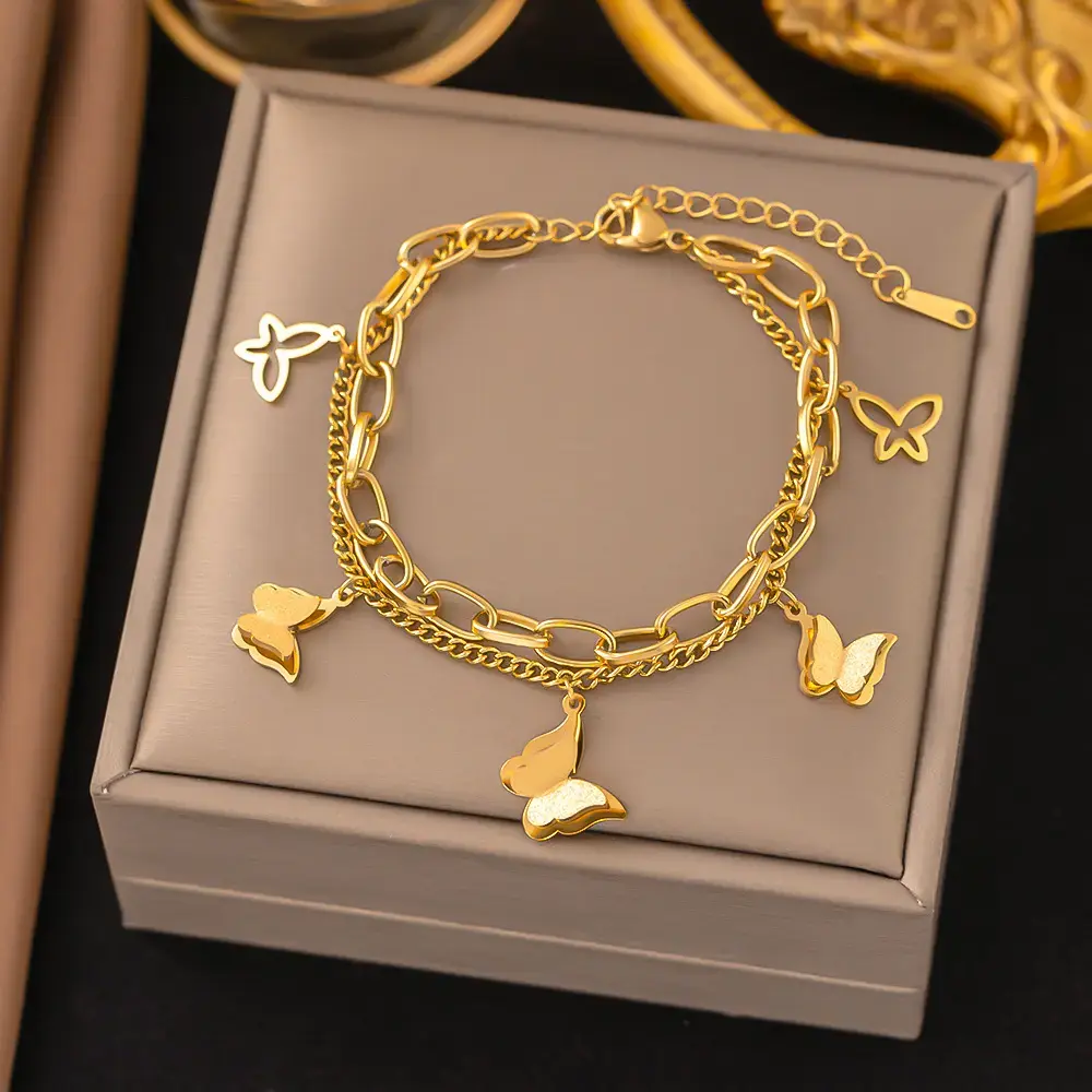 Gold Butterfly Charm Dual Layer Bracelet – Anti-Tarnish Elegant Chain Jewelry