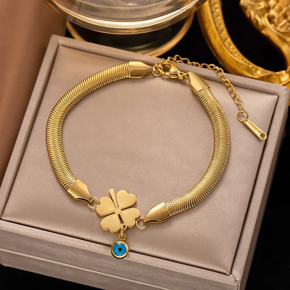 Gold Evil Eye Snake Chain Bracelet – Four-Leaf Clover Charm Anti-Tarnish