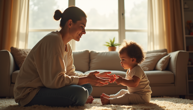 Eye-level view of a cozy living room with a toddler playing on the floor and a parent sitting nearby with a calm expression