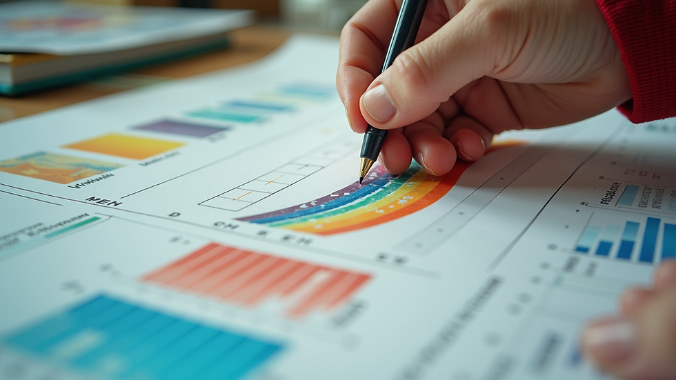 Eye-level view of colorful printed characters chart