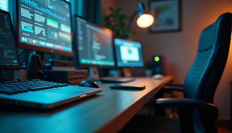 Close-up view of a cluttered desk with bright lights and multiple electronic devices