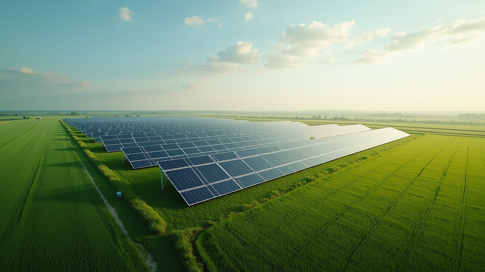 Wide angle view of a solar power plant surrounded by green fields
