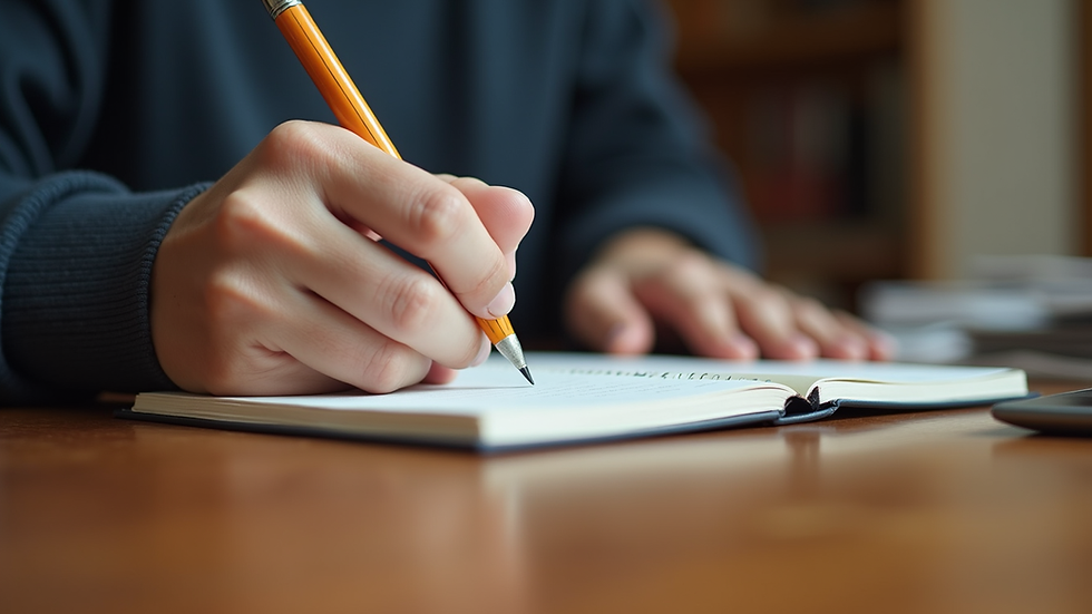 Eye-level view of a person writing in a journal on a wooden desk