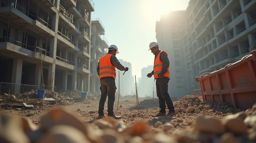 Eye-level view of a construction site with workers collaborating