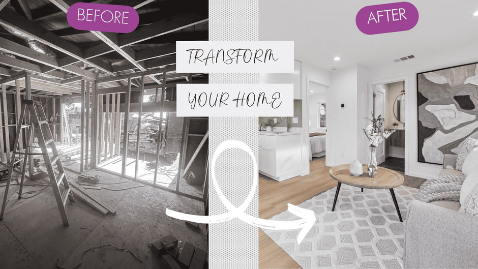A before-and-after split image showing a JADU under construction with wood framing compared to a finished, modern interior featuring a kitchen, living area, and bathroom.