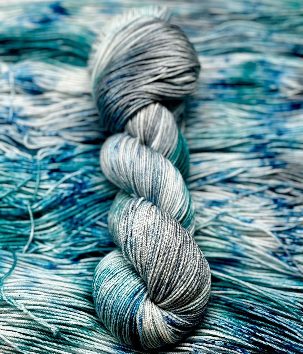 Thumbnail: One skein of teal and light to medium blue hand dyed variegated yarn. 