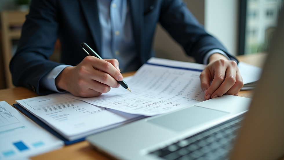 High angle view of a business owner analyzing expense receipts and invoices