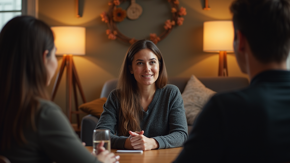 Eye-level view of a person speaking to a small group in a cozy setting