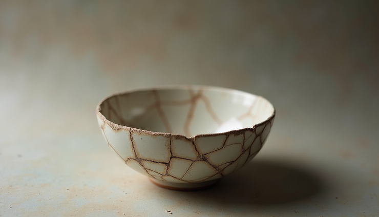 Eye-level view of a cracked ceramic bowl with visible imperfections