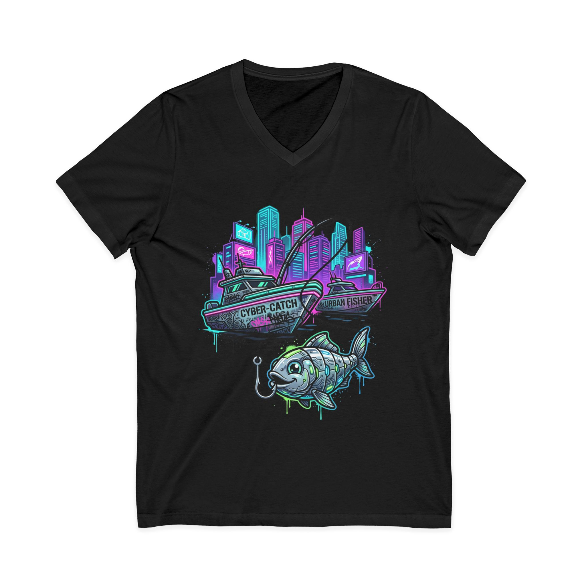City Catch V-Neck Tee — Neon Urban Fishing Graphic Shirt