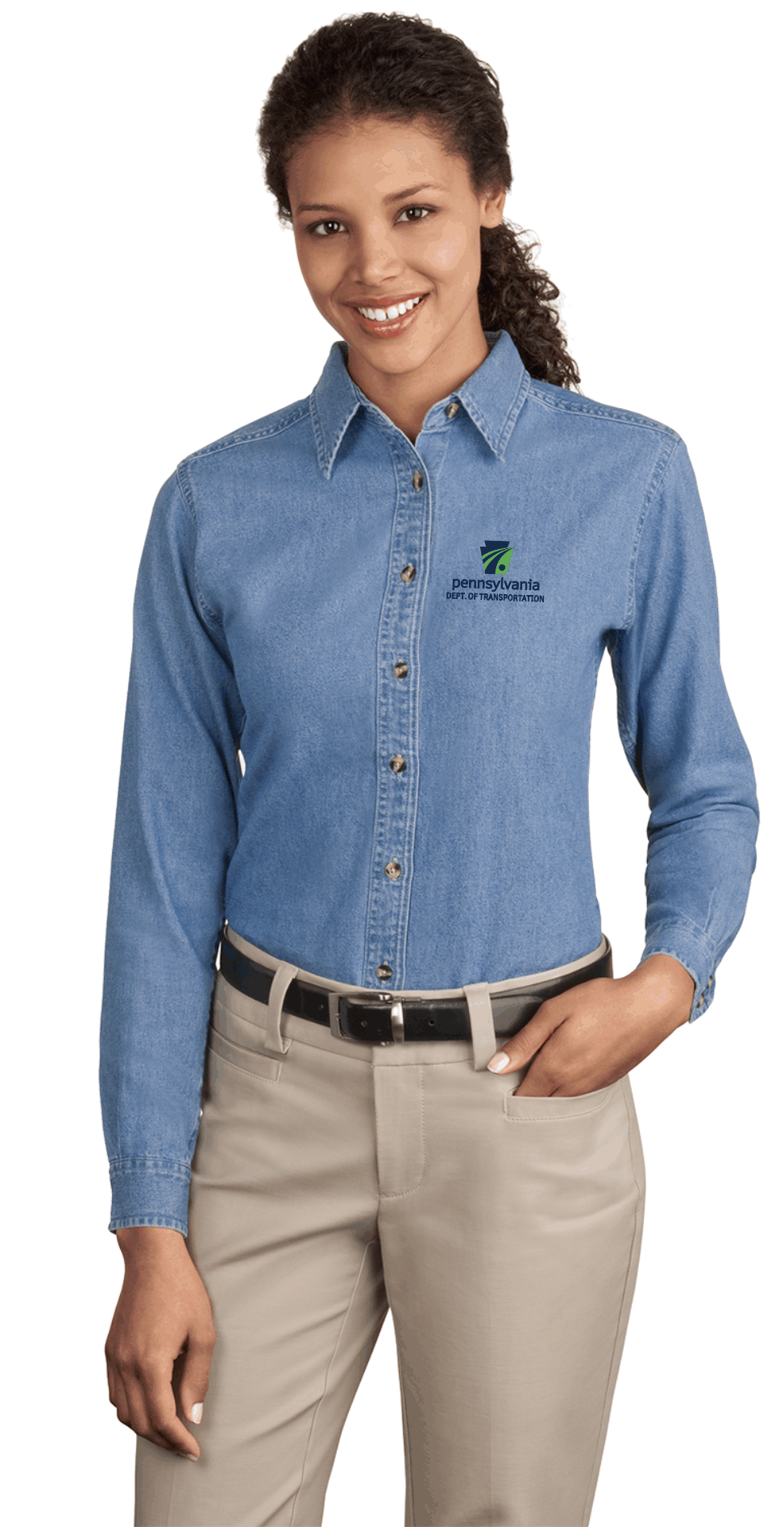 Ladies Long Sleeve Denim Shirt PennDOT Proud