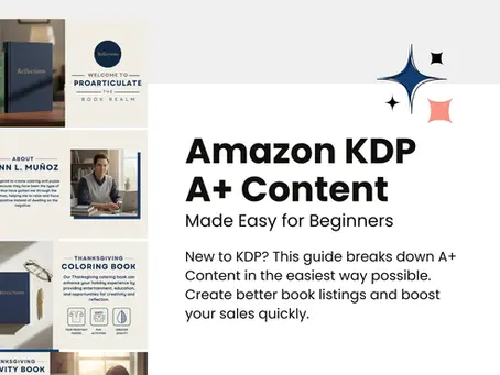 Amazon KDP A+ Content examples showing book mockups, author introduction section, Thanksgiving coloring book features, and layout ideas for improving KDP listings