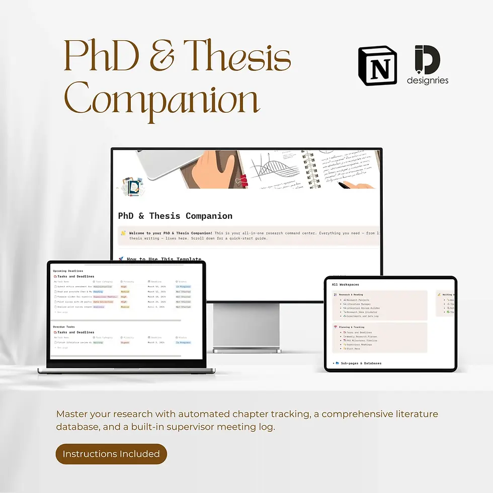 PhD Research Notion Template by Designries shown on desktop laptop and tablet devices