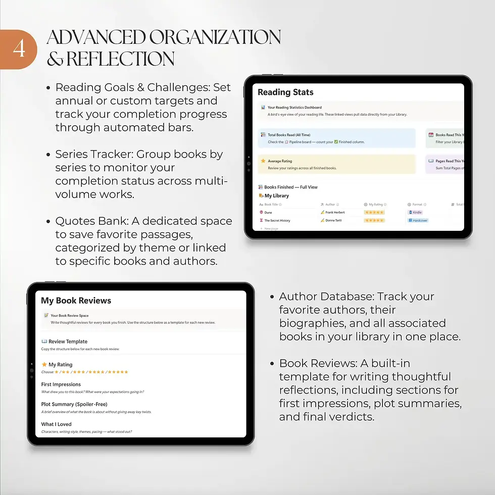 Thumbnail: Reading statistics dashboard and book reviews section inside the Designries reading tracker Notion template